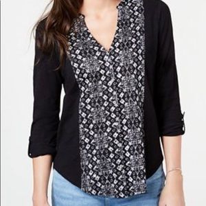 lucky brand ☘️ black cotton batik-print blouse